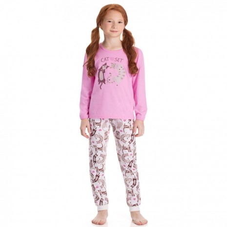 Pijama Infantil Brilha No Escuro Cat Set Rosa Dadomile