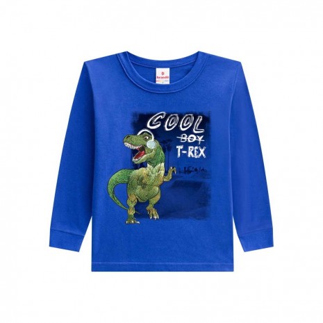 Camiseta Manga Longa Infantil Menino Meia Malha Cool Boy T-Rex Azul