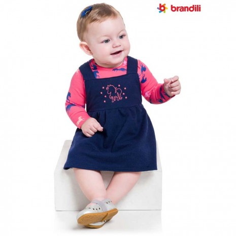 Conjunto Body Cotton e Salopete Moletinho Bebê Menina Brandili