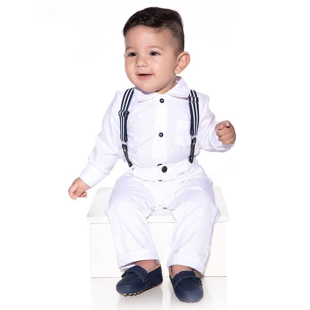 Conjunto Body Camisa Com Calça e Suspensório Branco | Maju Bebê