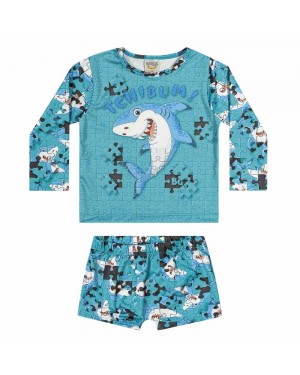 Conjunto Praia Infantil Camiseta Sunga Tubarão UV50 Boca Grande