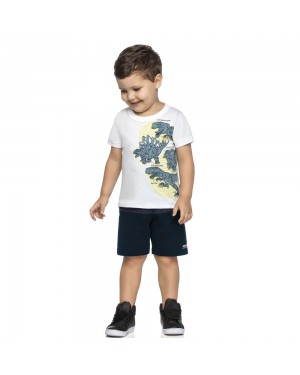Conjunto Infantil T-Rex Camiseta E Bermuda Moletinho Branco