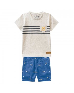 Conjunto Infantil Menino Camiseta Malha e Bermuda Sarja Azul Mundi