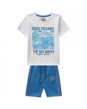 Conjunto Infantil Menino Camiseta Meia Malha E Bermuda Em Microfibra Azul